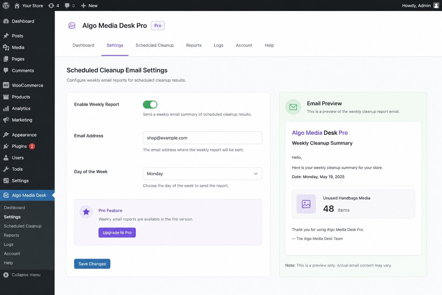 Algo Media Desk Pro scheduled unused media cleanup email reports