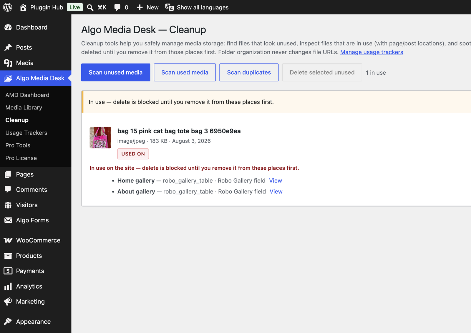 Algo Media Desk cleanup showing used media with page and plugin locations