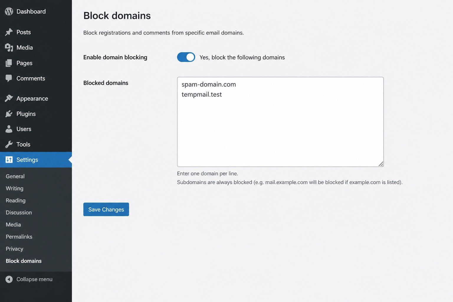 Block email domains from WordPress and WooCommerce registration
