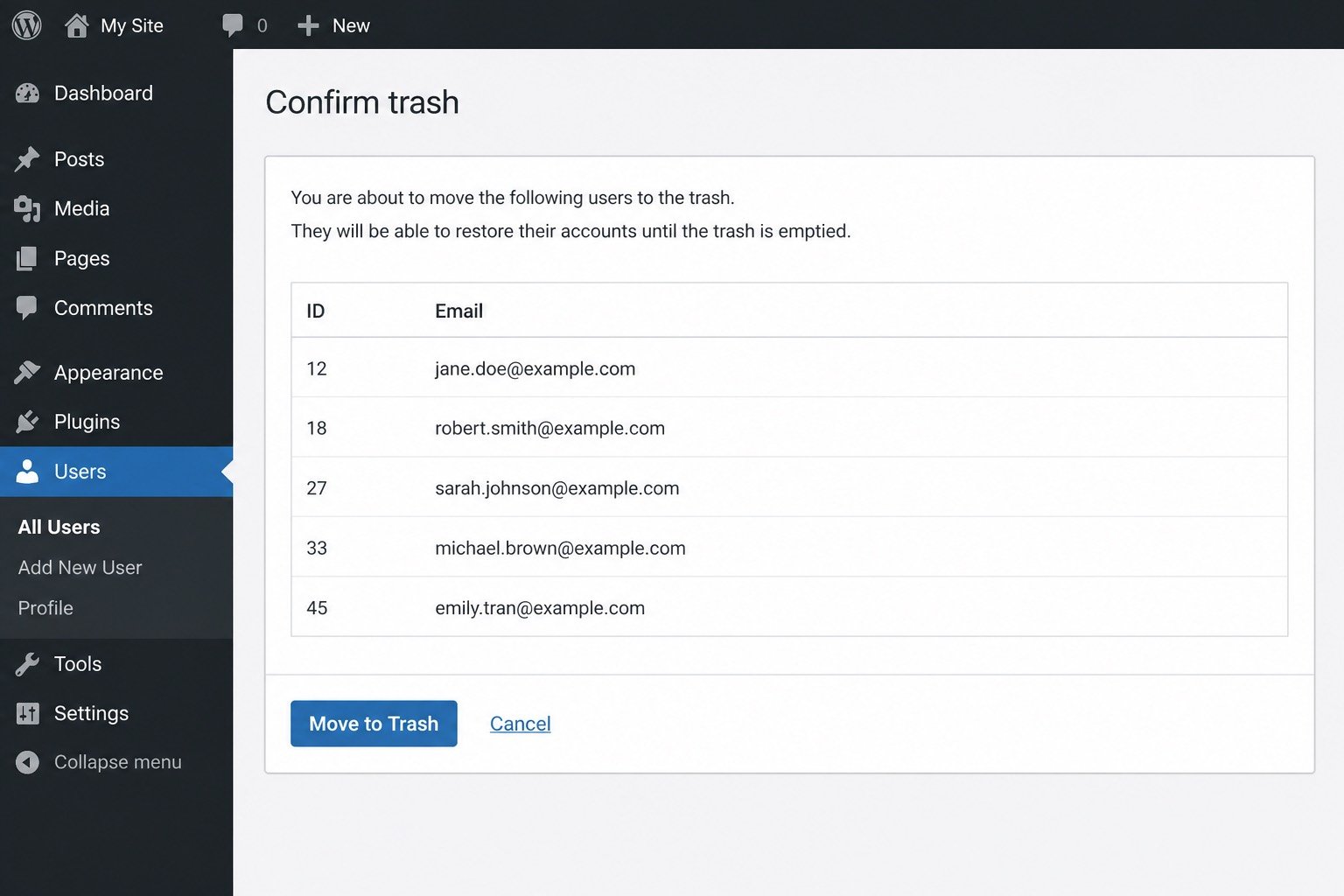 Confirm user IDs before moving spam accounts to trash