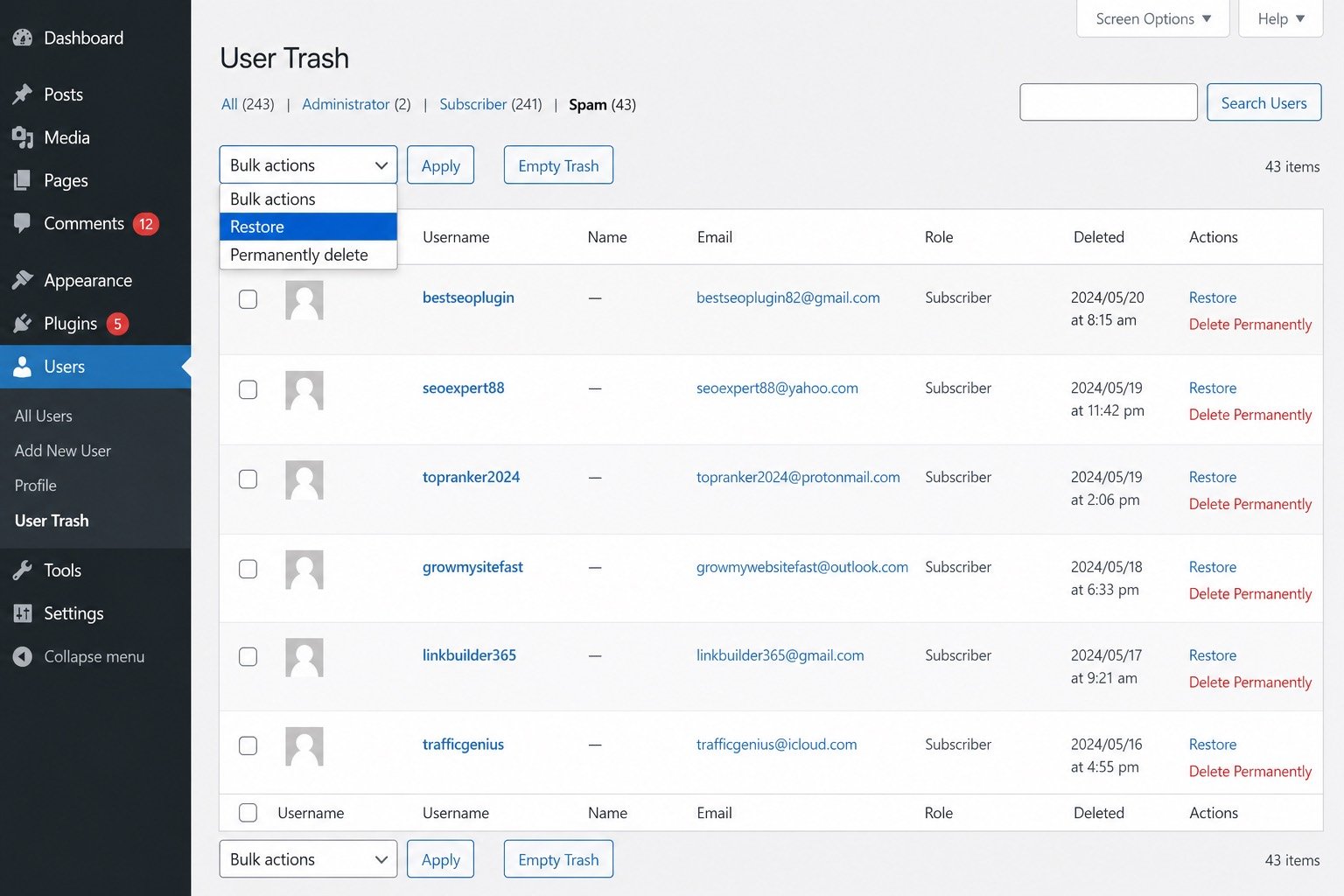 Algo Spam User Wiper Trash screen with content reassignment before permanent delete